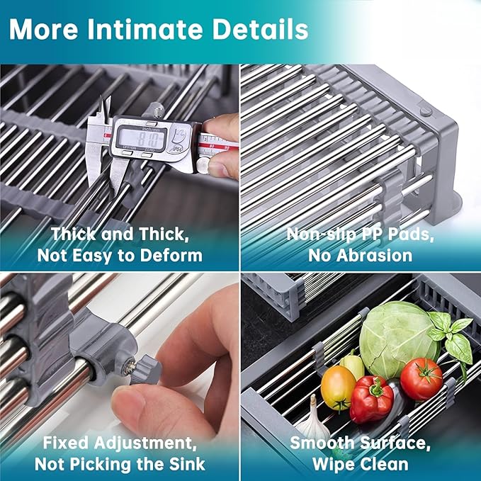 TUTEW Dish Drying Rack, Over The Sink Dish Drying Rack, Stainless Steel Dish Drainer with Adjustable Arms Holder Functional Kitchen Sink Organizer for Vegetable and Fruit