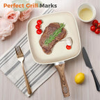 Sweetcrispy Nonstick Grill Pans Set, 3 Piece Square Frying Pan Skillet Set with Stay Cool Handle & PFOA Free, Compatible with All Stovetops (9.5" 10" 11") Beige