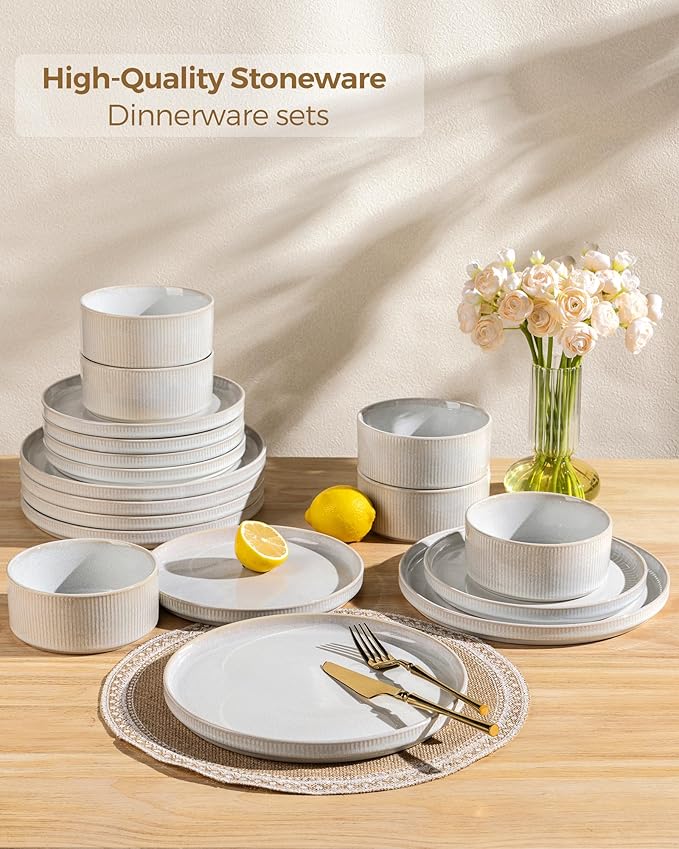 GBHOME 18-Piece Stoneware Dinnerware Set for 6 – Ribbed Ceramic Plates and Bowls, Scratch-Resistant, Microwave & Dishwasher Safe, Reactive Glaze, Sugar White