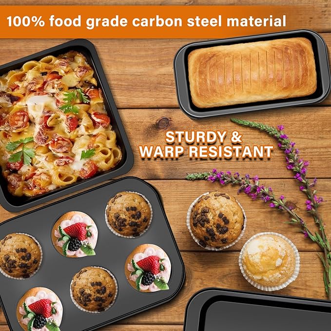 6-Piece Carbon Steel Bakeware Set, Nonstick Baking Pans with Cookie Sheet, Deep Roaster, Square Pan, Loaf Pan, Muffin Pan for Cooking,Baking Pans Set (black)