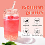 Joyclub 4pcs Glass Cups with Acrylic Lids and Straws 16 oz Can Shaped Glass Iced Coffee Cups with Lids and Straws, Cute Tumbler Cup Drinking Glasses for Smoothie Whiskey Boba Soda Tea Gift