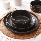 Pokini Black Gold Splash Dinnerware Sets, Marble Porcelain Plates and Bowls Sets, Modern Luxury Dish Set for 4, 12 Pieces Fine China Plates Set for Formal Dinners and Anniversaries