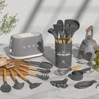 Umite Chef Kitchen Cooking Utensils Set, 33 pcs Non-stick Silicone Spatula Set with Holder, Woodle Handle Heat Resistant Gadgets Utensil (Gray)