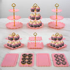 Pack of 10 NWK Cake Stand Set, with 3 x Two-Tier and 3 x Three-Tier Cupcake Stands, 4 x Appetizer Trays, 1 x Tablecloth for Birthday Bridal Baby Shower Party (Pink)