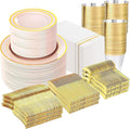 GATHER 700PCS Pink Plastic Plates - Gold Rim Disposable Plastic Dinnerware Set Include 200 Pink Plates, 300 Silverware, 100 Napkins, 100 Cups for Party & Wedding & Mother's Day
