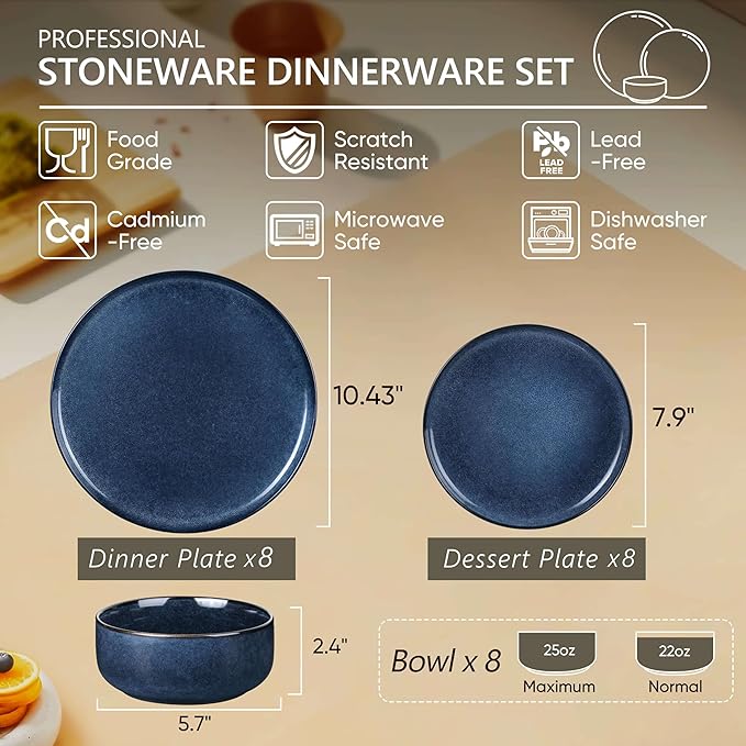 Herogo 24 Pieces Stoneware Dinnerware Sets Service for 8, Dinner Plates and Bowls Sets, Double Reactive Glaze Dishes Set for Kitchen, Scratch Resistant, Microwave & Dishwasher Safe, Starry Blue