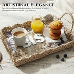 BISS Scalloped Rattan Serving Tray with Removable Floral Transparent Board – Natural Rattan Decorative Wicker Tray with Foldable Handles & Scalloped Edge – Wicker Woven Tray for Coffee Table, Dining