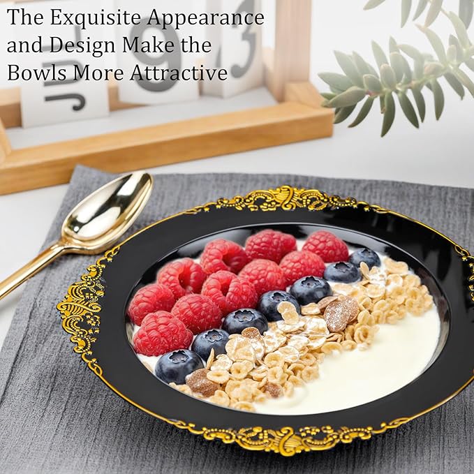 Nervure 50PCS Black Plastic Bowls with Gold Rim - 12oz Disposable Soup Bowls, Heavy Duty Salad Ice Cream Bowl Perfect For Weddings, Parties and Halloween