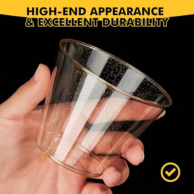 RACETOP 100 Pack 9 oz Gold Plastic Cups Tumbler, Disposable Cups with Gold Glitter for Party, Heavy-duty Clear Plastic Wine Glasses, Disposable Wedding Cups