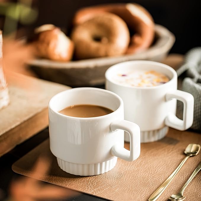 Miamolo Coffee Mugs Set of 4, Stackable Coffee Cups with Holder Spoons 11oz Ceramic Espresso Cup for Cappuccino Latte Tea Drinks, Dishwasher & Microwave Safe, White