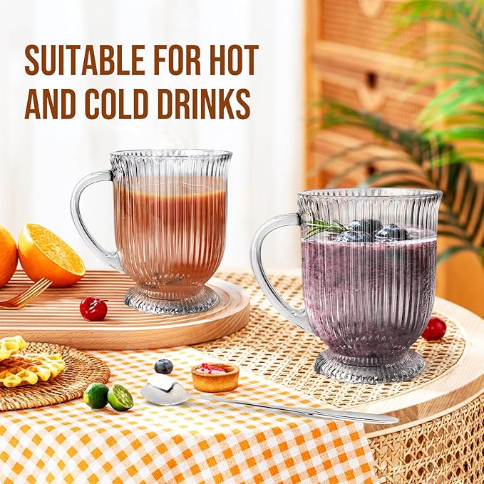Large Ribbed Glass Coffee Mugs Set of 4,16 Oz Clear Espresso Mugs with Spoon, Glass Diner Cups with Handle Diner Latte Cup with Footed Base for Hot Beverages,Cappuccino Cups, Stylish Drinkware
