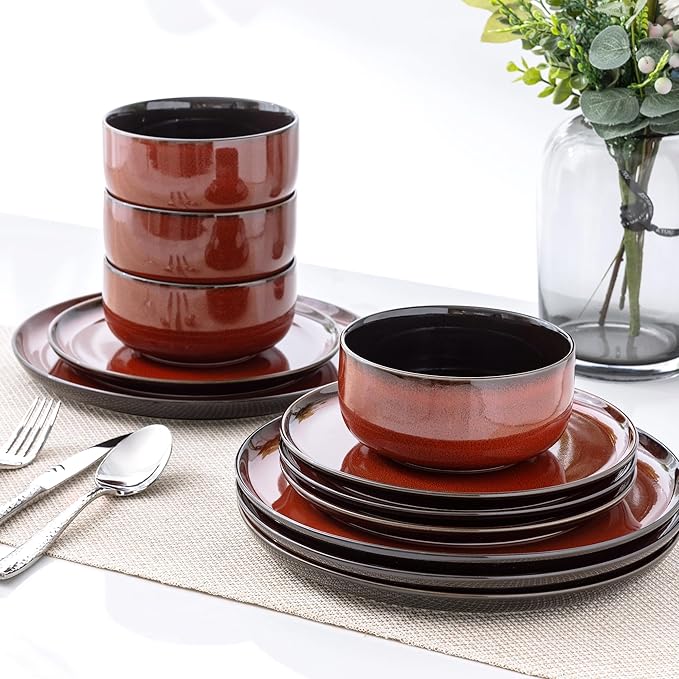 LERATIO Ceramic Dinnerware Sets for 8,Plates and Bowls Sets,Handmade Reactive Glaze Dishes Set,Highly Chip and Crack Resistant | Dishwasher & Microwave & Oven Safe Dishes set,Service for 8-Red(24pc)