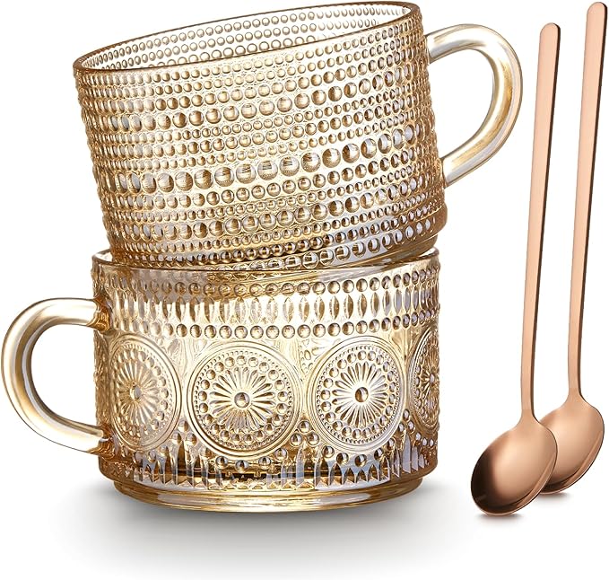 MFACOY Vintage Coffee Mugs Set of 2, 14 oz Glass Tea Cups with Handle, Amber Embossed Glass Cups for Cappuccino, Latte, Cereal, Milk, Hot or Cold Beverages