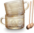 MFACOY Vintage Coffee Mugs Set of 2, 14 oz Glass Tea Cups with Handle, Amber Embossed Glass Cups for Cappuccino, Latte, Cereal, Milk, Hot or Cold Beverages