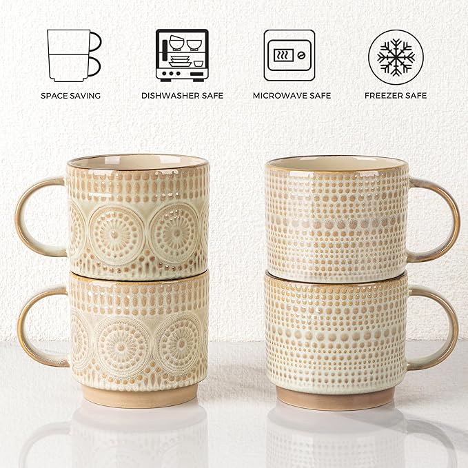 GBhome 12OZ Stackable Coffee Mugs, Ceramic Coffee Mugs with Texture Patterns for Man,Woman,Dad,Mom, Modern Coffee Mugs Set of 4 for Latte/Cappuccino/Cocoa. Dishwasher&Microwave Safe