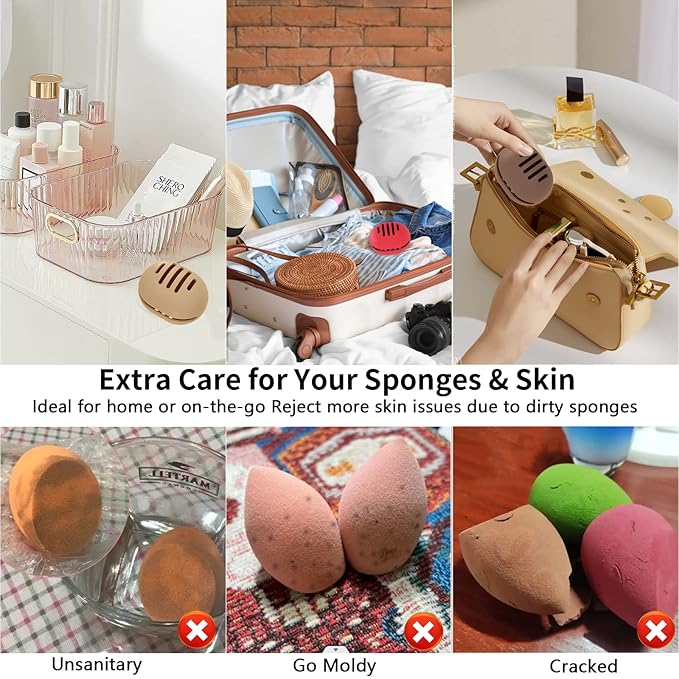 Fauxomor 2 Pcs Makeup Sponge Holder,Double-Sided Breathable Silicone Beauty Make Up Blender Case for Travel or Daily,Shatterproof Make-up Travel Case Quick Drying Easy to Carry,Khaki+Pink