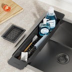 NiHome Extendable Sink Kitchen Organizer, Extra Long Telescopic Brush Storage Rack for Sponge, Non-Slip Pads Expandable Sink Caddy, Adjustable Sponge/Brush Rack with Drainage Durable ABS (Black)