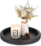 Hanobe Decorative Coffee Table Tray: Modern Farmhouse Beaded Round Tray Decor Rich Dark Brown Circle Wooden Ottoman Serving Platter for Centerpieces Kitchen Counter Bathroom
