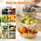 Ceramic Fruit Bowl for Kitchen Counter - 3 Tier Fruit Basket with Metal Stand, Tiered Fruit Stand for Countertop, Snack, Nuts, Cake, Dessert, Small & Cute (Gold & White,Small)