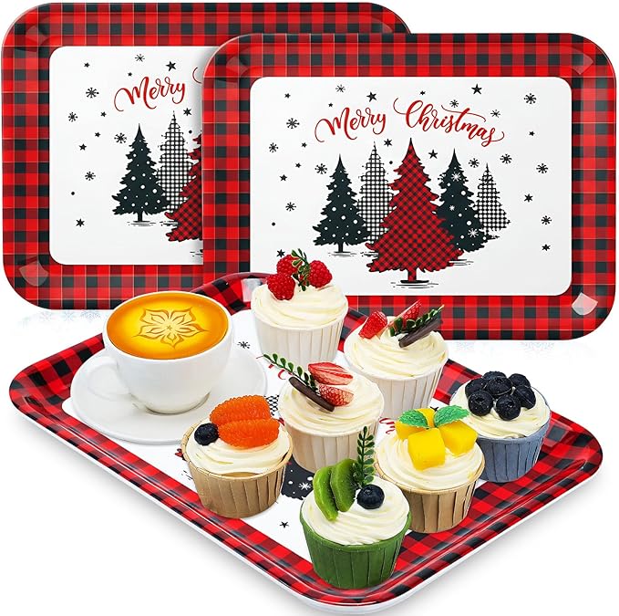 Vesici 3 Pcs Christmas Serving Trays 13 x 10 Inch Black and Red Plaid Xmas Tree Melamine Platters Reusable Rectangular Serving Dishes for Xmas Holiday Party Sharing Snacks Fruit Dessert Candy