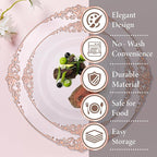 Nervure 175PCS Rose Gold Plastic Plates - Disposable Rose Gold Party Plates & Pre Rolled Napkins with Cutlery for 25 Guests, 50Plates, 75Silverware, 25Cups, 25Napkin for Wedding & Party & Easter