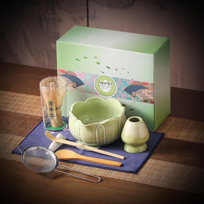 Matcha Whisk Set, Ceramic Matcha Set 8 Pcs, Matcha Kit Set Includes Matcha Bowl, Matcha Whisk and Holder, Bamboo Scoop and Rest, Sifter and Tea Towel, Ideal Gift for Family/Friend (Green)
