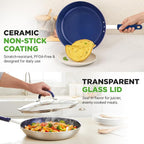 NutriChef 12" Fry Pan With Lid - Large Skillet Nonstick Frying Pan with Silicone Handle, Ceramic Coating, Blue Silicone Handle, Stain-Resistant, Easy To Clean, Professional Home Cookware