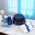 DaYammi 350 Pieces Cobalt Blue Glitter Dinnerware Set 50 Guest for Party- 50 Dinner Plates, 50 Dessert Plates -50 Per Rolled Napkins with Blue Cutlery - 50 Disposable Cups 9 OZ