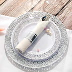 WELLIFE 350 Pieces Silver Disposable Plastic Dinnerware, Includes:50 Dinner Plates, 50 Dessert Plates, 50 Cups, 50 Pre Rolled Napkins with Silver Cutlery