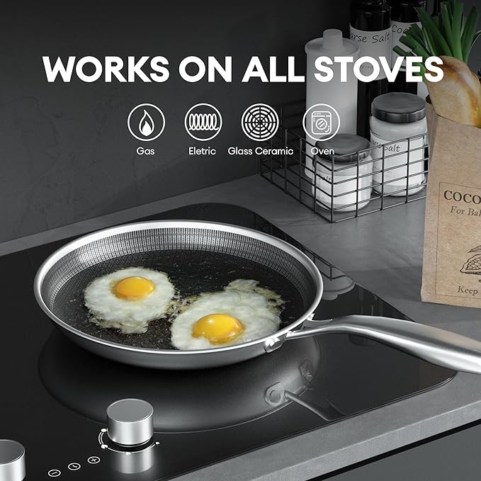 COOKER KING 12-Inch Stainless Steel Pan, Hybrid Nonstick Frying Pan, Skillet, 3-Ply Clad Cookware, Even Heat Distribution, Dishwasher & Oven Safe, with Stay-Cool Handle, Induction Compatible