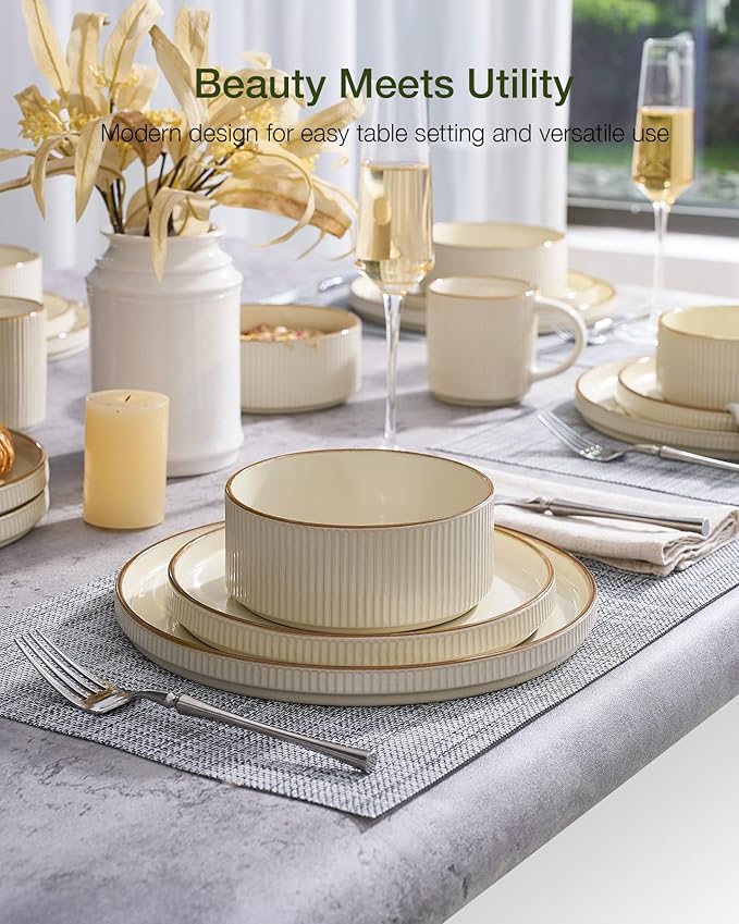 Famiware Star 12-Piece Stoneware Dinnerware Sets with Trim, Service for 4, Ceramic Plates and Bowls Set, Modern Rustic Dishes, Everyday/Formal, Chip/Scratch Resistant, Microwave/Dishwasher Safe, Cream