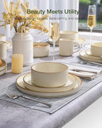 Famiware Star 12-Piece Stoneware Dinnerware Sets with Trim, Service for 4, Ceramic Plates and Bowls Set, Modern Rustic Dishes, Everyday/Formal, Chip/Scratch Resistant, Microwave/Dishwasher Safe, Cream