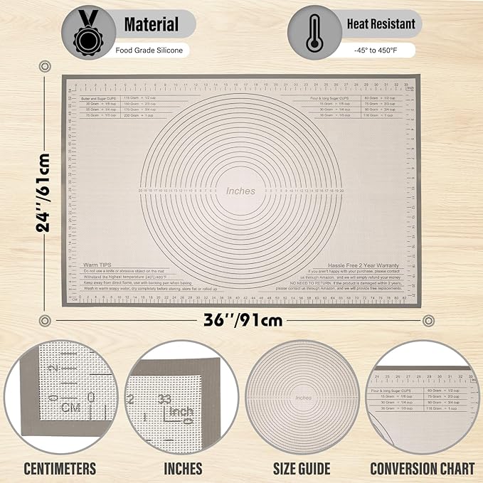 Silicone Pastry Mat 36x24 Inch Nonstick Baking Mat -Perfect for Dough, Pastry, Dough Rolling, Kneading Board, Pie Crust, Fondant, Pasta/Pizza, Kitchen Counter Mat