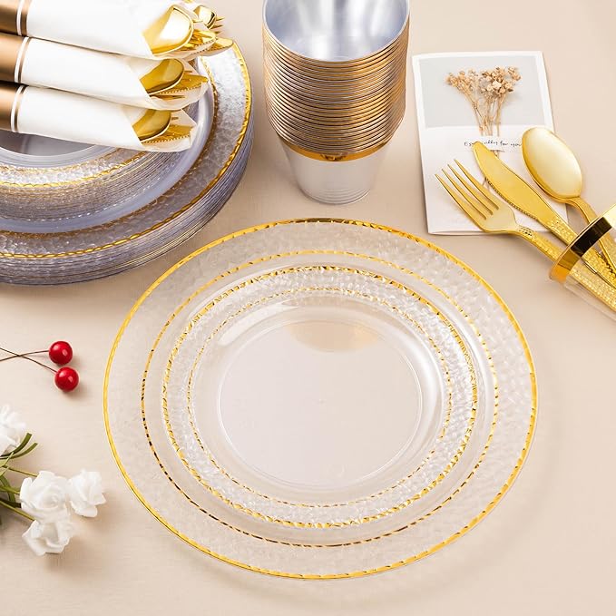 Bestluck 175PCS Clear Plastic Plates with Gold Trim for 25 Guests, Disposable Dinnerware Set for Party & Wedding, Includes 50 Plastic Plates, 25 Pre Rolled Napkins with Gold Silverware, 25 Cups