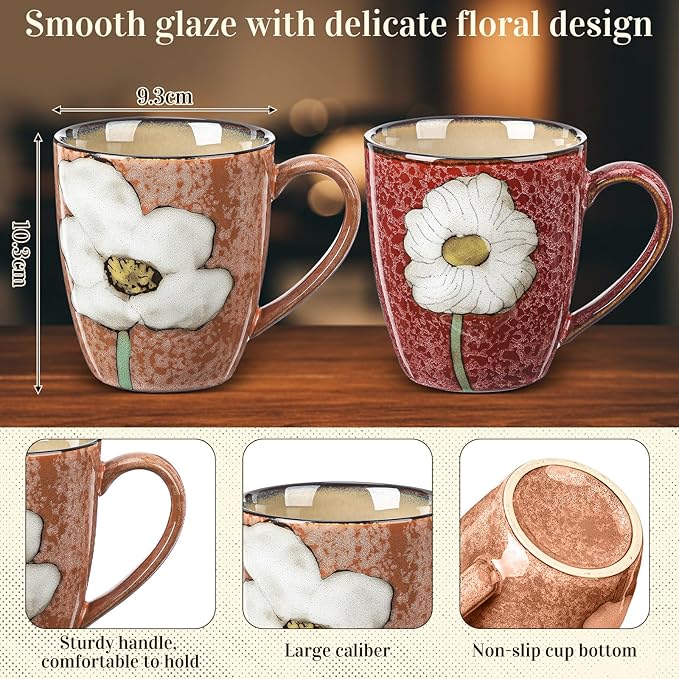 Maxdot 2 Pcs 12oz Ceramic Coffee Mugs Sets Glazing Process Cappuccino Mug Floral Ceramic Tea Cups Mother's Day Idea Gift for Women Mom Porcelain Cup for Coffee, Cocoa, Tea, Latte (Vintage)