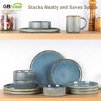 GBHOME 18-Piece Stoneware Dinnerware Set for 6 – Ribbed Ceramic Plates and Bowls, Scratch-Resistant, Microwave & Dishwasher Safe, Reactive Glaze, Reactive Glaze Teal