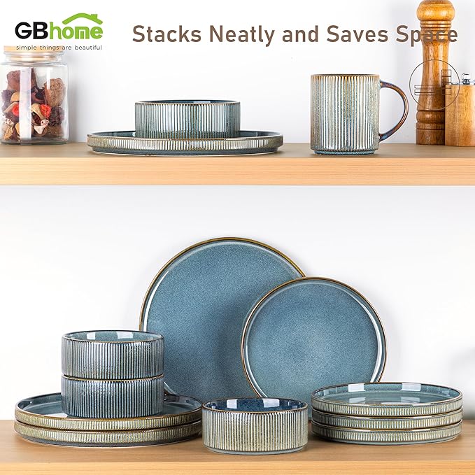 GBHOME 18-Piece Stoneware Dinnerware Set for 6 – Ribbed Ceramic Plates and Bowls, Scratch-Resistant, Microwave & Dishwasher Safe, Reactive Glaze, Reactive Glaze Teal