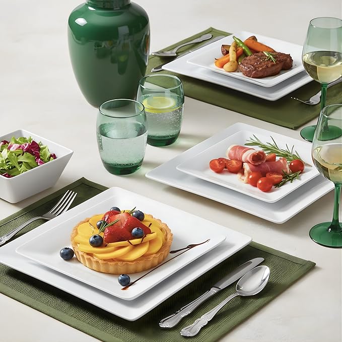 TP 12-Piece Melamine Dinnerware Sets, Plates and Bowls Dishes Set for 4, Break-Resistant & Non-Microwavable, Lightweight Square Dinner Plates, White