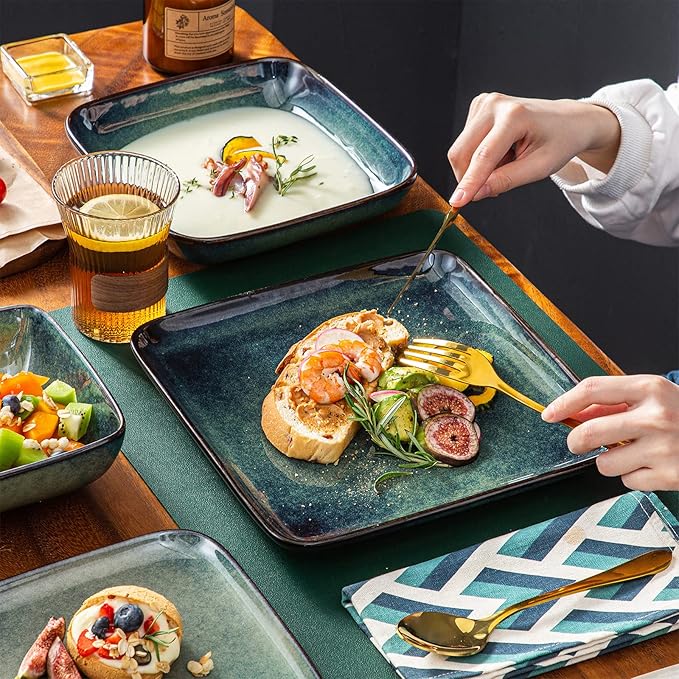vancasso Stern Green Dinner Set- Square Reactive Glaze Dish Set- 16 Pieces Kitchen Dinnerware Stoneware Crockery with Dinner Plate, Dessert Plates, Bowl and Soup Plate Service for 4