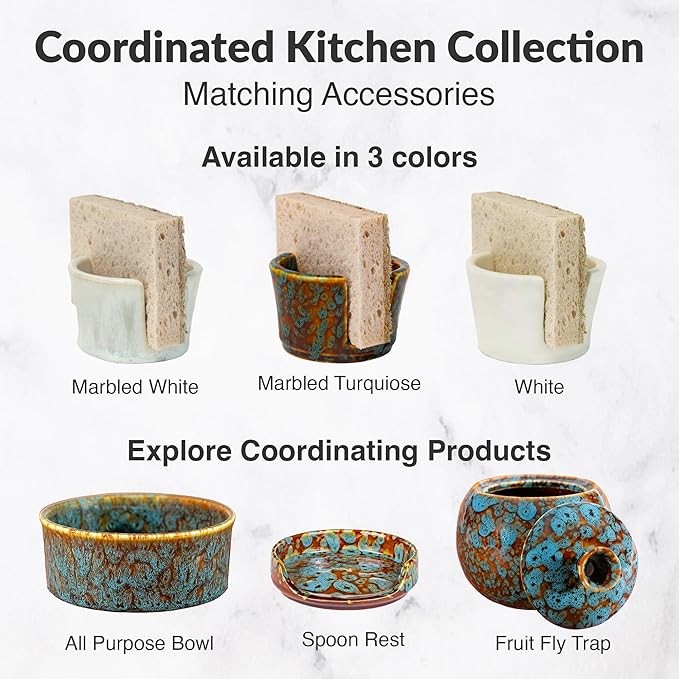 Elevated Lifestyle Ceramic Sponge Holder – Sink Caddy Organizer, Decorative Bathroom and Kitchen Sink Accessories, Allows Sponge to Dry, Ideal Countertop Sponge & Bar Soap Holder - (Marbled Turquoise)