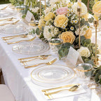 GATHER 350PCS Clear Gold Plastic Plates - Disposable Gold Dinnerware Sets Includes 100 Gold Rim Plastic Plates, 150 Silverware, 50 Napkins, 50 Cups for Party, Wedding