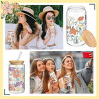 Mumufy 4 Pack Gift for Women Bohemian Flower Cute Glass Cup Tumbler Boho Floral Iced Coffee Mugs 16 oz Glass with Bamboo Lid & Straw, Mothers Day Birthday Gift for Mom Sister Bridesmaid Baby Shower