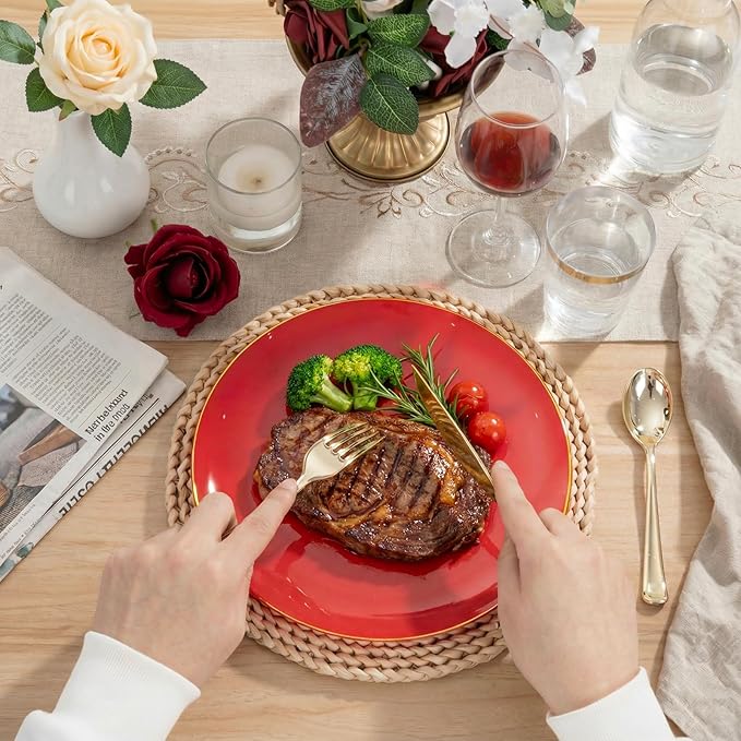 KIRE 350PCS Red Plastic Plates - Heavy Duty Red Plates Disposable - 50Guest Plastic Dinnerware Include 50Dinner Plate,50Dessert Plate,50Pre Rolled Napkins with Silverware for Valentine's Day&Wedding