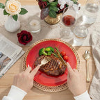 KIRE 350PCS Red Plastic Plates - Heavy Duty Red Plates Disposable - 50Guest Plastic Dinnerware Include 50Dinner Plate,50Dessert Plate,50Pre Rolled Napkins with Silverware for Valentine's Day&Wedding
