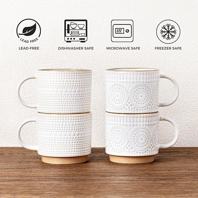 GBhome 12OZ Stackable Coffee Mugs, Ceramic Coffee Mugs with Texture Patterns for Man,Woman,Dad,Mom, Modern Coffee Mugs Set of 4 for Latte/Cappuccino/Cocoa. Dishwasher&Microwave Safe