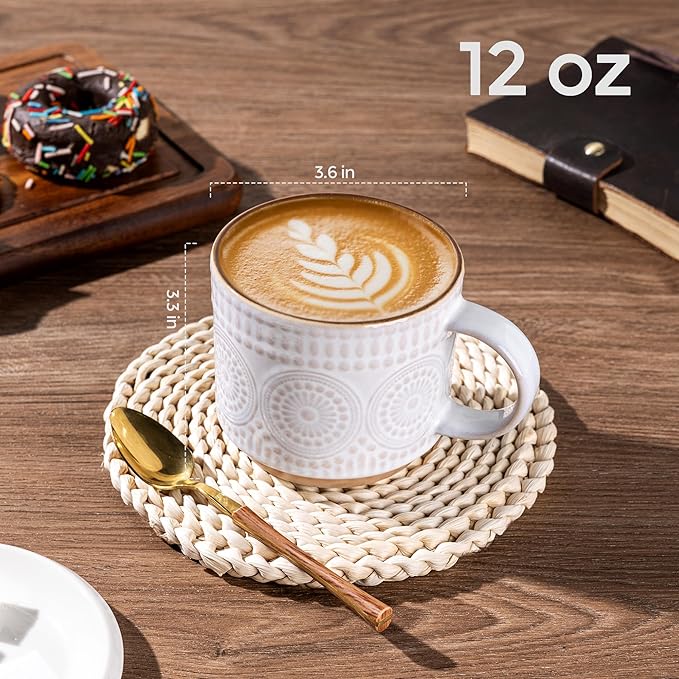 GBhome 12OZ Stackable Coffee Mugs, Ceramic Coffee Mugs with Texture Patterns for Man,Woman,Dad,Mom, Modern Coffee Mugs Set of 4 for Latte/Cappuccino/Cocoa. Dishwasher&Microwave Safe