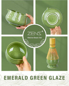 ZENS Matcha Whisk Set, 7pcs Matcha Set Includes Emerald Green Bowl and Matcha Cup, Bamboo Whisk & Scoop, Chasen Holder, 304 Sifter, Tea Mat, Matcha Kit for Latte Making