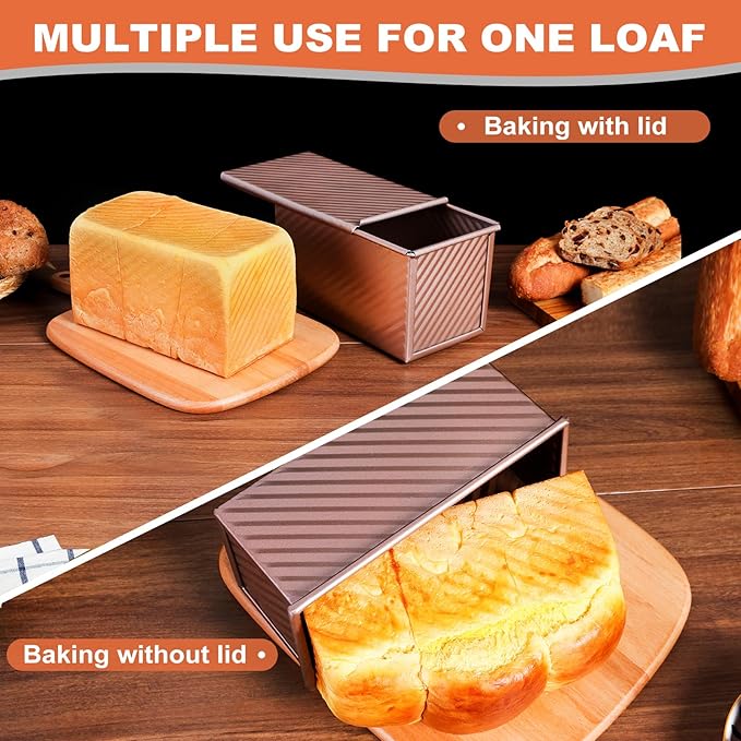 2 Pack Pullman Loaf Pan with Lid, 1 lb/0.5 lb Dough Capacity, Premium Non-Stick Sandwich Bread Loaf Pan with Lid, Carbon Steel Corrugated Bread Toast Box Mold with Cover for Baking
