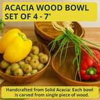 Wooden Salad Bowl Set – Set of 4 Acacia Wood 7” Wood Salad Bowls for Food, Rustic Handcrafted Kitchenware for Snacks, Fruit & Sides, Gift-Ready for Holidays & Housewarming