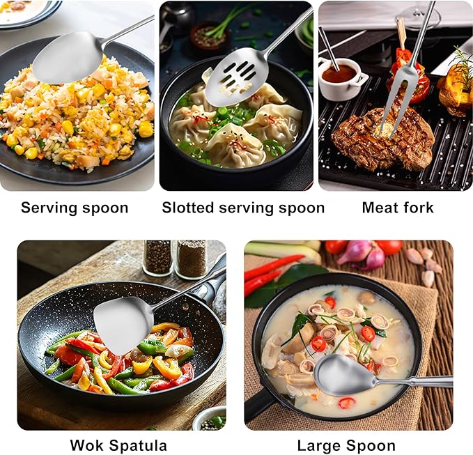 304 Stainless Steel Cooking Utensils Set, 9 PCS Metal Stainless Steel Kitchen Utensils Set, Serving Spoon, Spaghetti Spoon, Skimmer, Meat Fork etc (Dishwasher Safe)